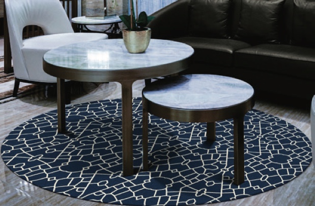 Custom navy area rug in an elegant living space