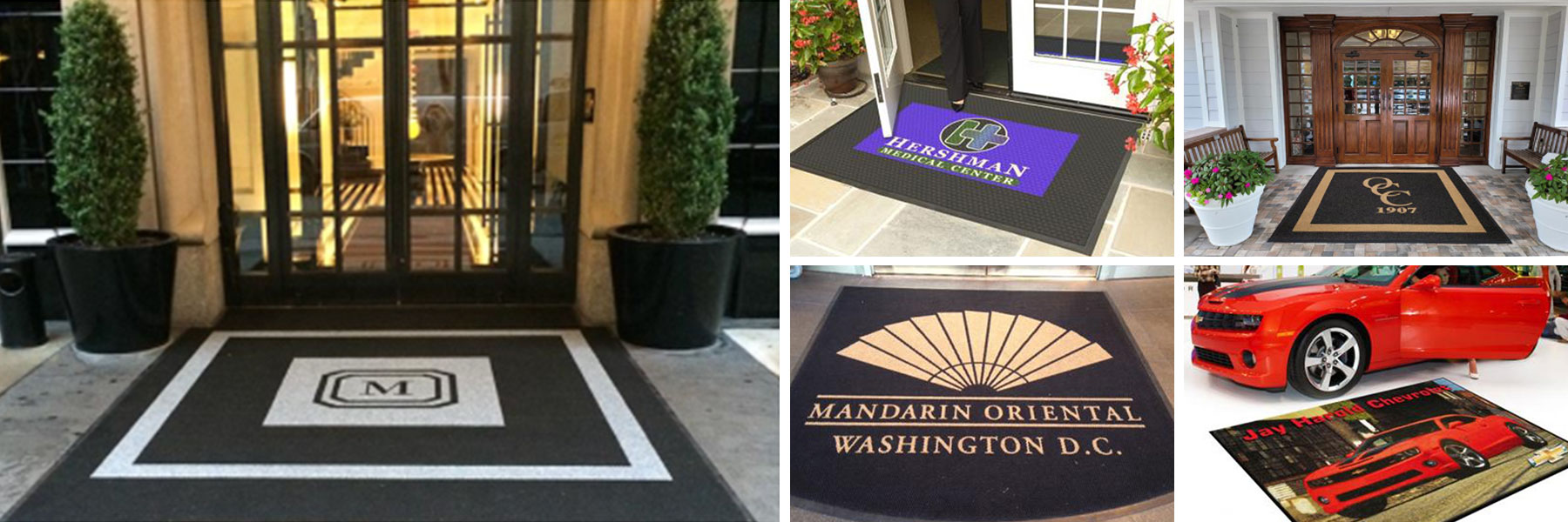 Proform custom logo mats displaying a brand at a commercial entrance